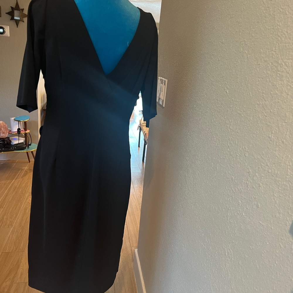 Maggie London Sheath V Neck Mid-Length Cocktail Dress - Black - Style RN18542 - Picture 2 of 4